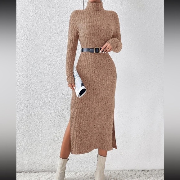 Tan Winter Long Sleeve Sweater Dress - Picture 4 of 5